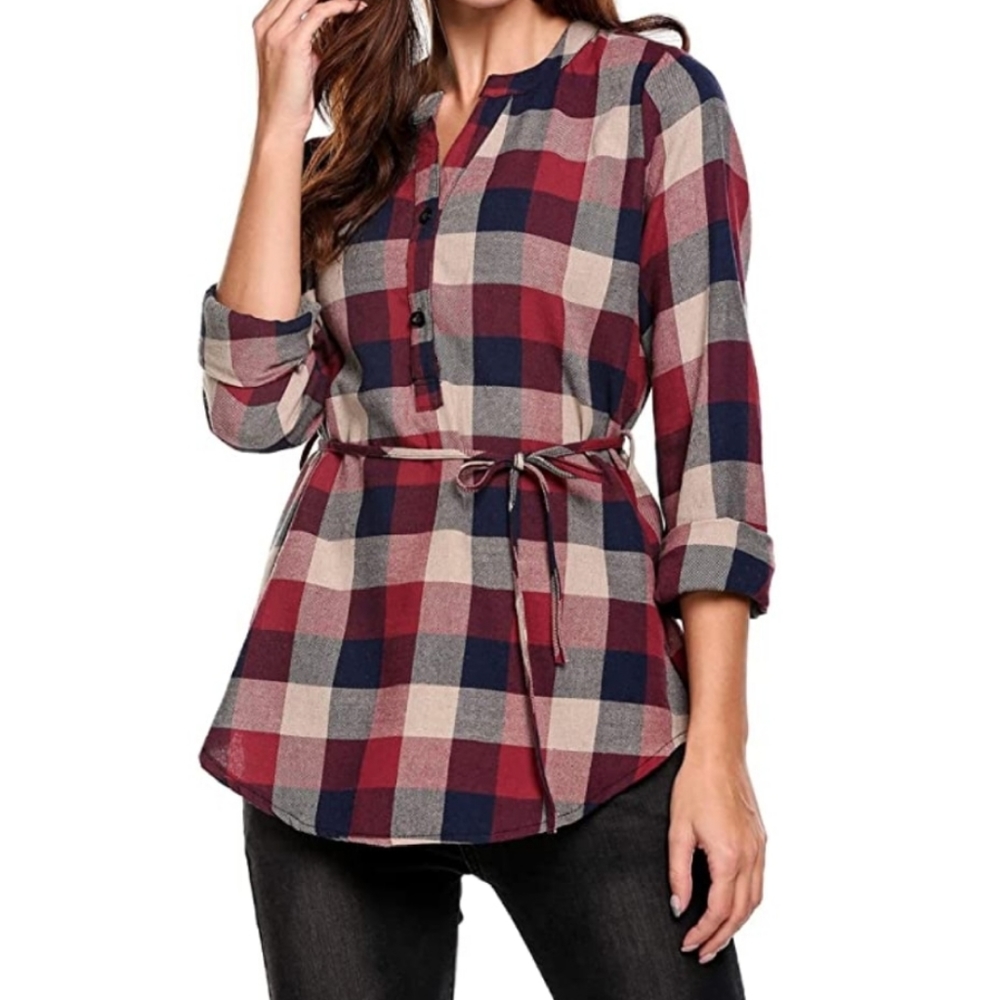 Plaid Shirt with Belt - Picture 3 of 4